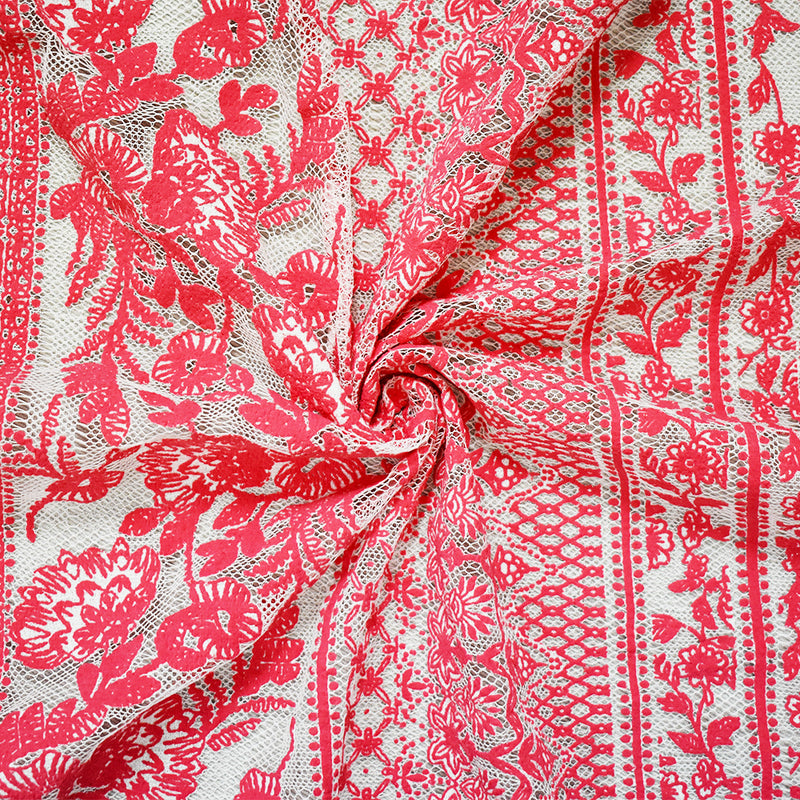 Coral Red-White Cotton-Nylon Multi Stripe Pattern Lace Mesh  Knit Fabric