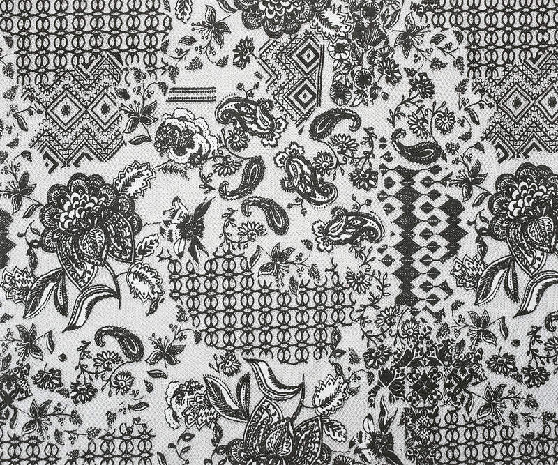 Black-White Poly Floral Patch Printed Lace Mesh Knit Fabric