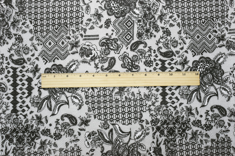 Black-White Poly Floral Patch Printed Lace Mesh Knit Fabric