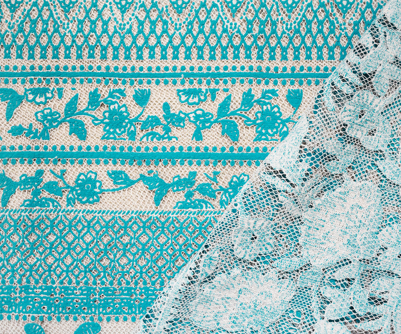 Turquoise-White Nylon Floral Multi Stripe Printed Mesh Lace Knit Fabric