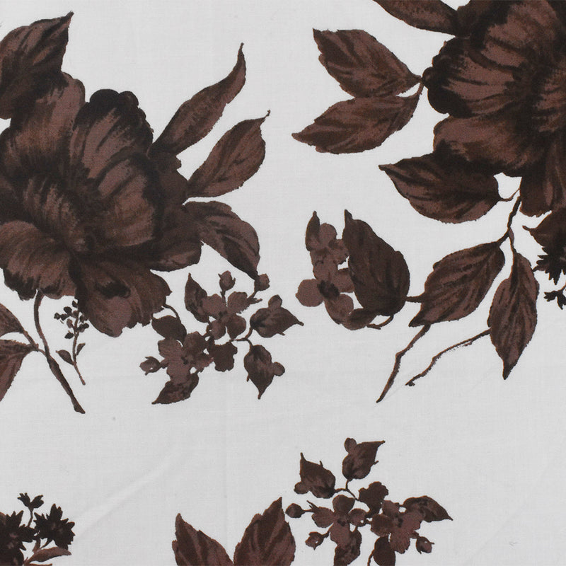 3 YD PC-Brown-White-Multi Floral Border Printed Stretch Cotton Poplin Woven Fabric
