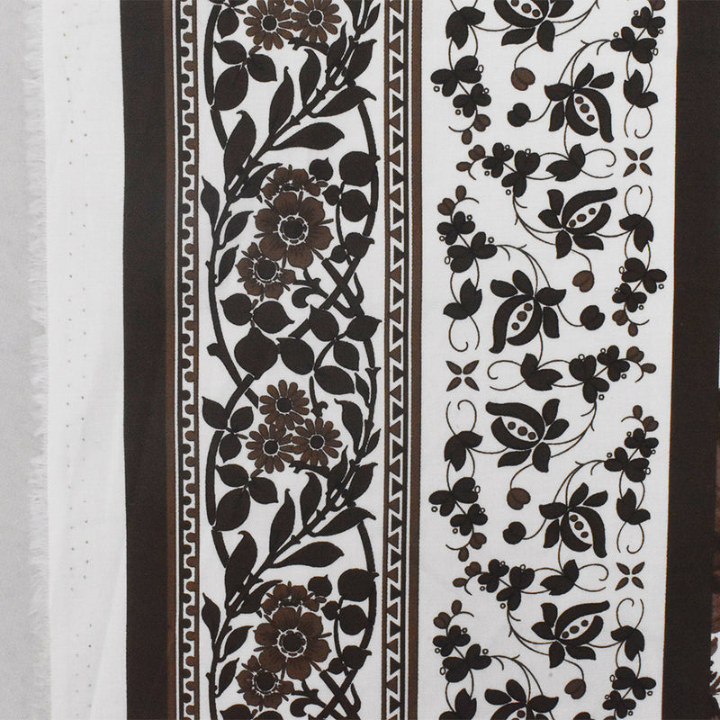 3 YD PC-Brown-White-Multi Floral Border Printed Stretch Cotton Poplin Woven Fabric