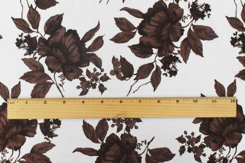 3 YD PC-Brown-White-Multi Floral Border Printed Stretch Cotton Poplin Woven Fabric