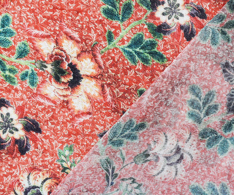 Rust Orange-Green-Multi Cotton Floral Border Printed Gauze Woven Fabric