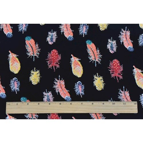 Black/Orange/Multi Feather Printed Crepe Faille Fabric