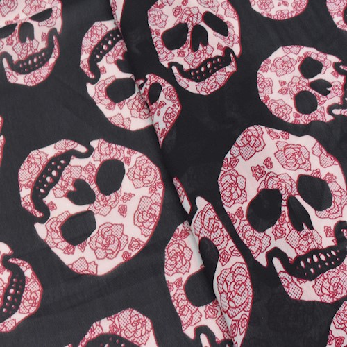 Black/Red/Multi Floral Skull Printed Chiffon Woven Fabric