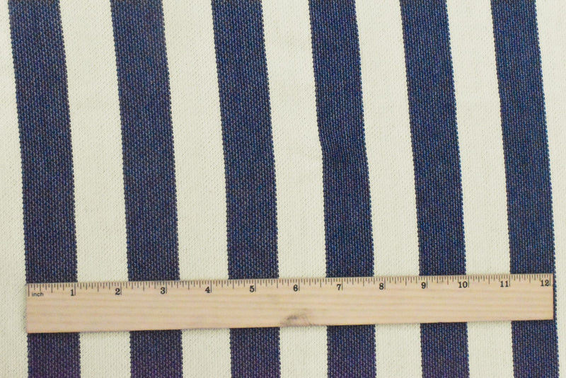 Ivory-Navy Blue Striped Pattern Pique Knit Fabric