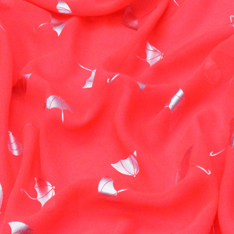Caral Red-Silver Umbrella Foil Printed Polyester Chiffon Woven Fabric