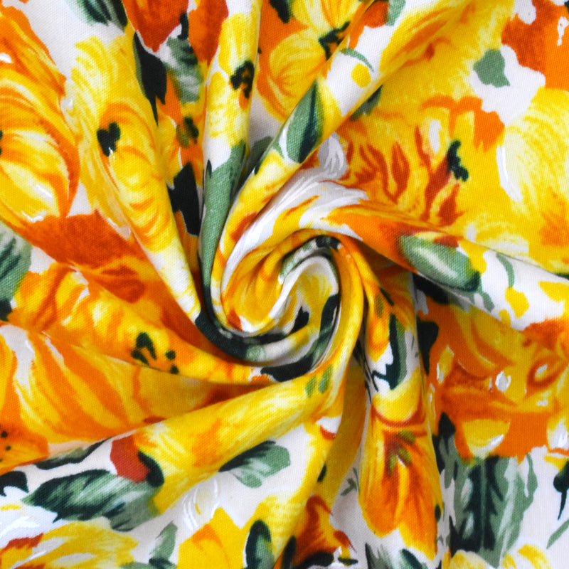Orange-Yellow-Multi Floral Printed Cotton Poplin Woven Fabric