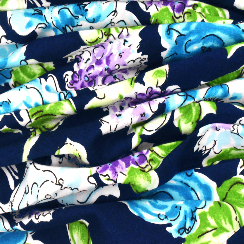 Dark Navy Blue-Multi Floral Printed Cotton Poplin Woven Fabric