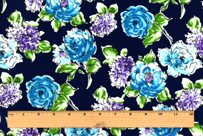 Dark Navy Blue-Multi Floral Printed Cotton Poplin Woven Fabric