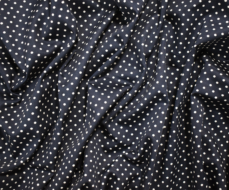 Navy-White Cotton Japanese Polka Dot Printed Twill Sateen Woven Fabric