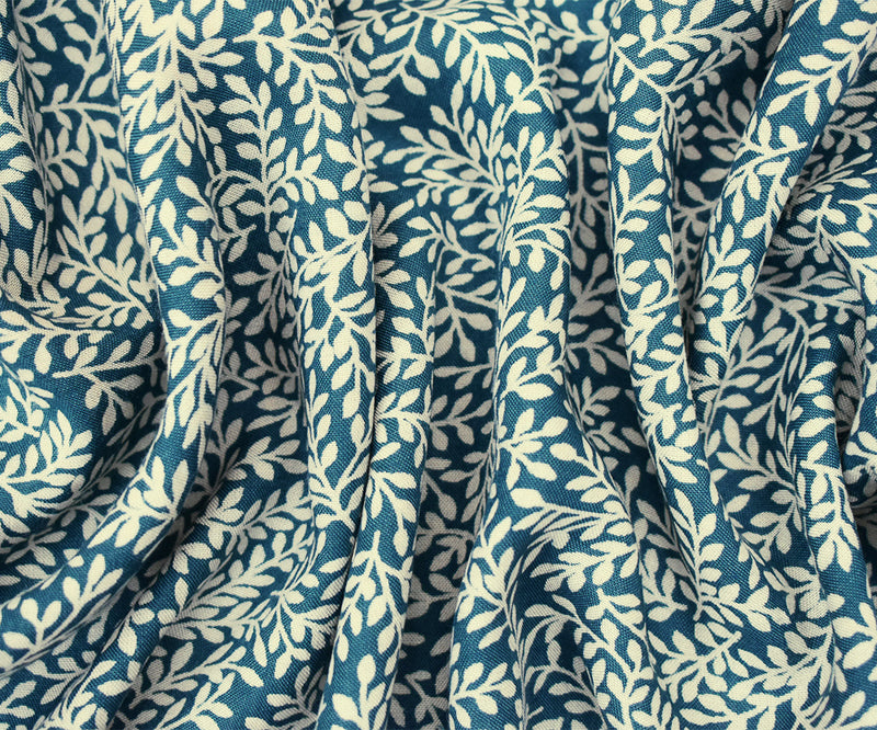 Deep Teal-Beige Leaf Vines Printed Rayon Challis Woven Fabric