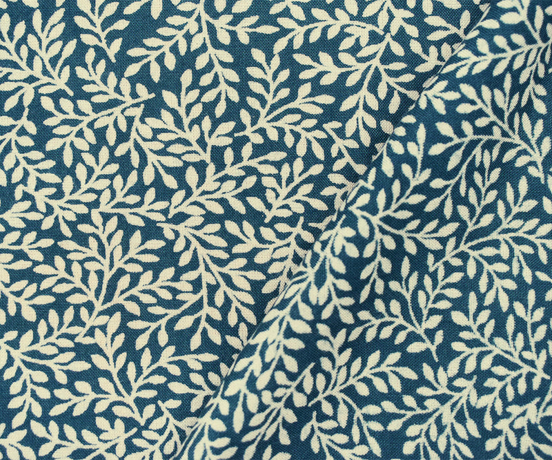 Deep Teal-Beige Leaf Vines Printed Rayon Challis Woven Fabric