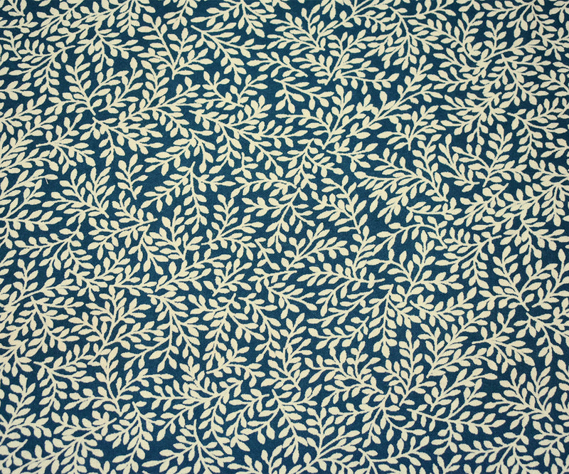 Deep Teal-Beige Leaf Vines Printed Rayon Challis Woven Fabric