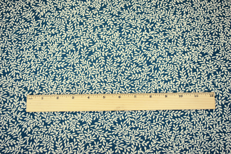 Deep Teal-Beige Leaf Vines Printed Rayon Challis Woven Fabric