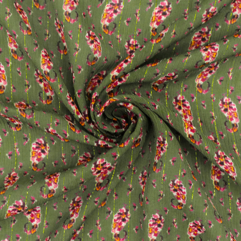1 1/2 YD PC-Olive-Multi Famous Designer Floral Printed Metallic Stripe Chiffon Fabric
