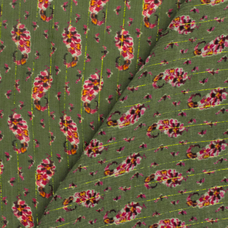 1 1/2 YD PC-Olive-Multi Famous Designer Floral Printed Metallic Stripe Chiffon Fabric