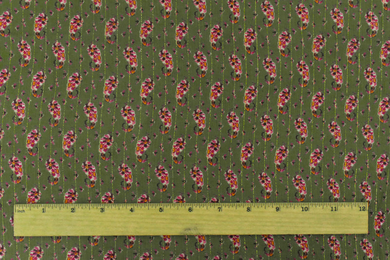 1 1/2 YD PC-Olive-Multi Famous Designer Floral Printed Metallic Stripe Chiffon Fabric