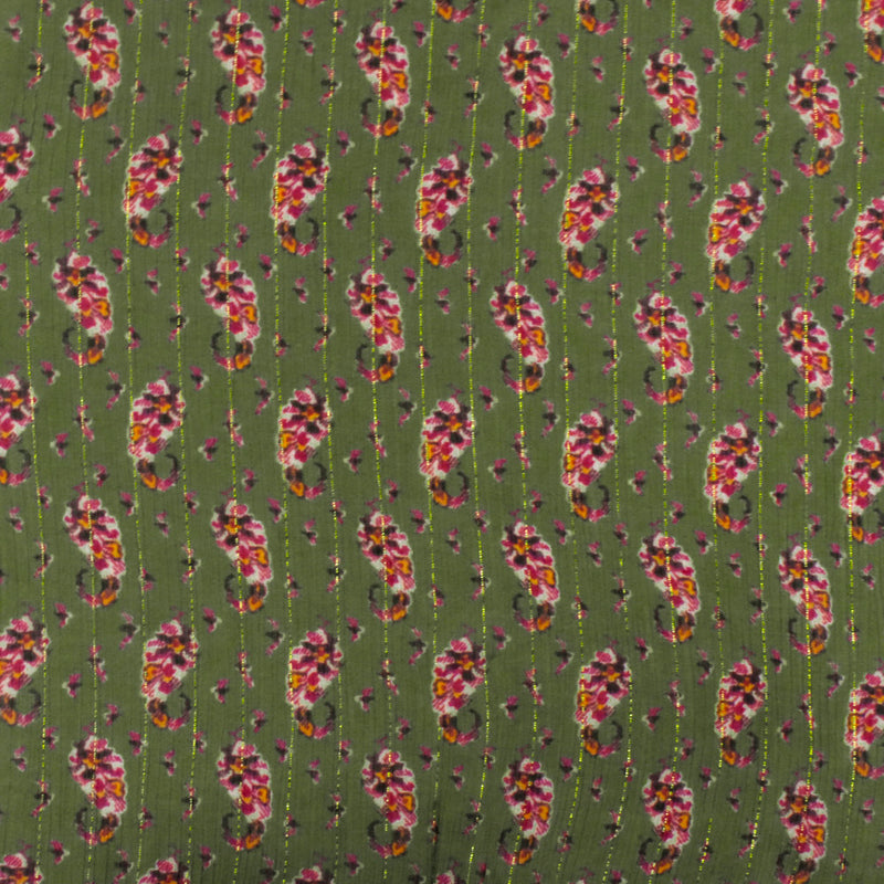 1 1/2 YD PC-Olive-Multi Famous Designer Floral Printed Metallic Stripe Chiffon Fabric