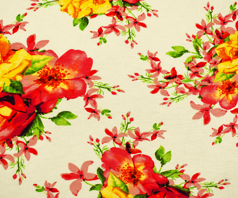 Ivory-Pink-Multi Rayon Floral Printed Stretch Spandex Jersey Knit Fabric