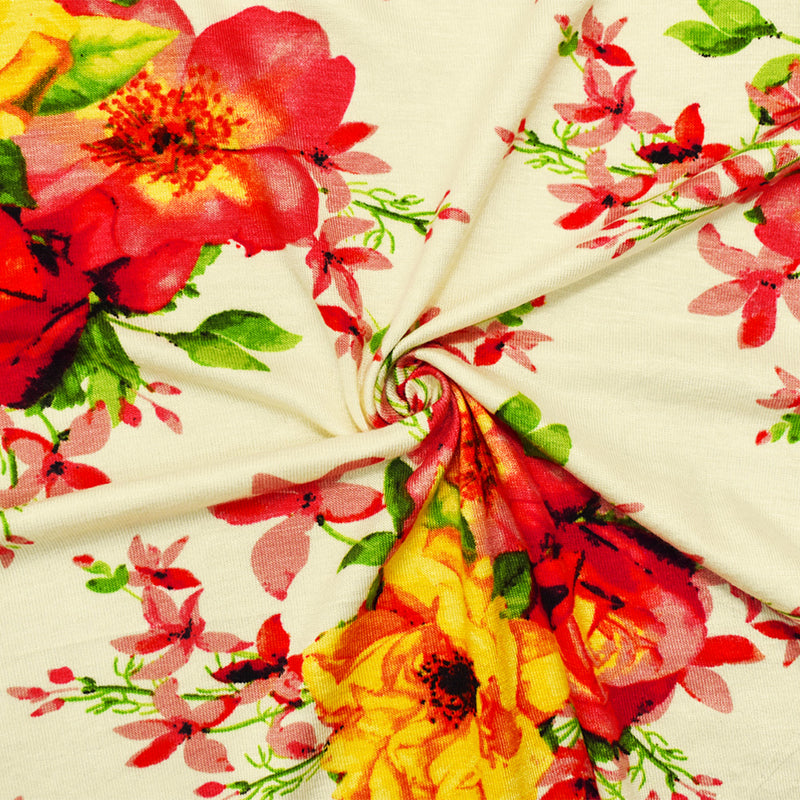 Ivory-Pink-Multi Rayon Floral Printed Stretch Spandex Jersey Knit Fabric