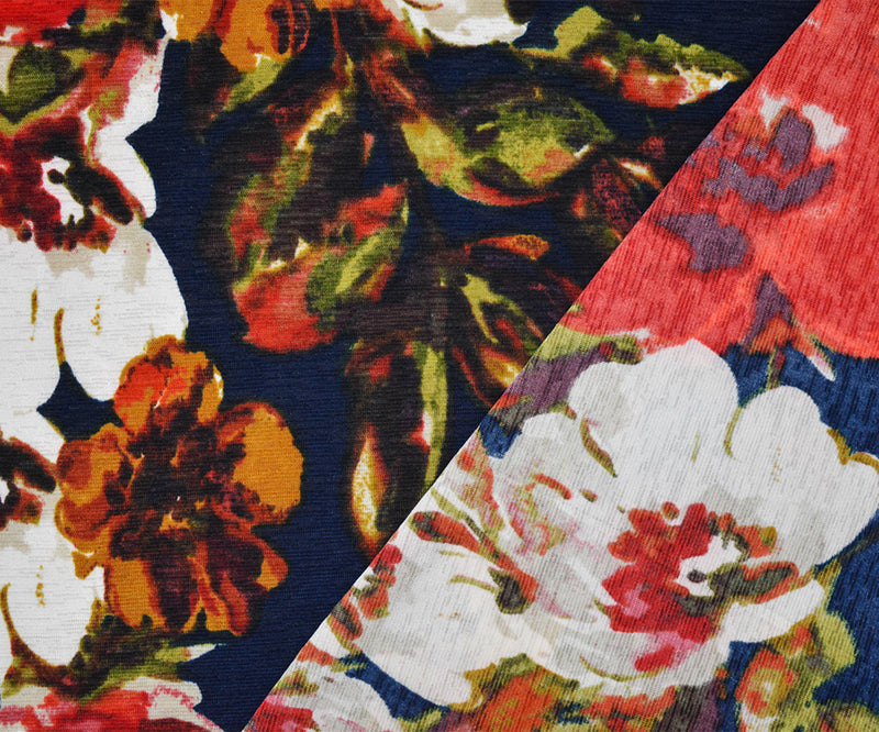 Deep Navy Blue-Multi Poly Floral Printed Onion Skin Jersey Knit Fabric