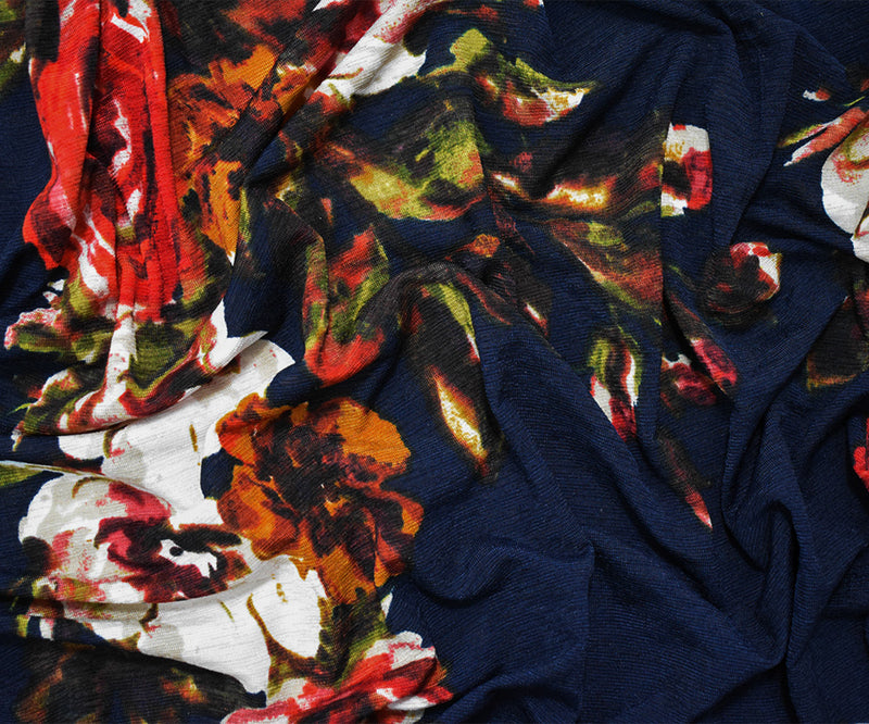 Deep Navy Blue-Multi Poly Floral Printed Onion Skin Jersey Knit Fabric