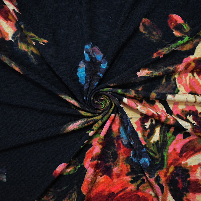 Black-Multi Poly Floral Print Stretch Spandex Onion Skin Jersey Knit Fabric