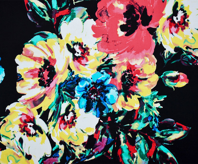 Black-Red-Multi Floral Printed Stretch Spandex Poplin Woven Fabric