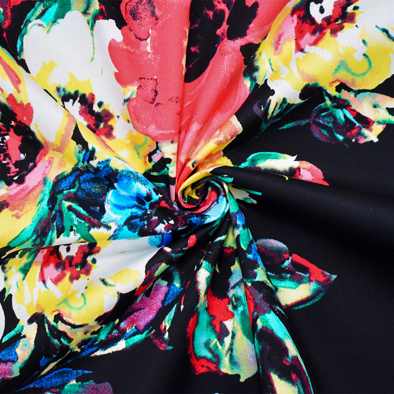 Black-Red-Multi Floral Printed Stretch Spandex Poplin Woven Fabric