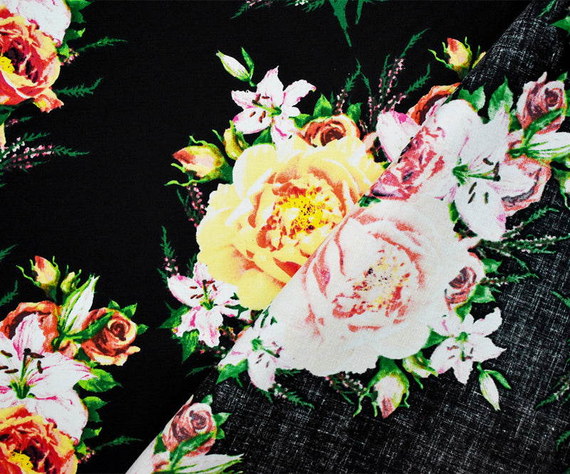 Black-Yellow-Multi Floral Printed Stretch Spandex Poplin Woven Fabric