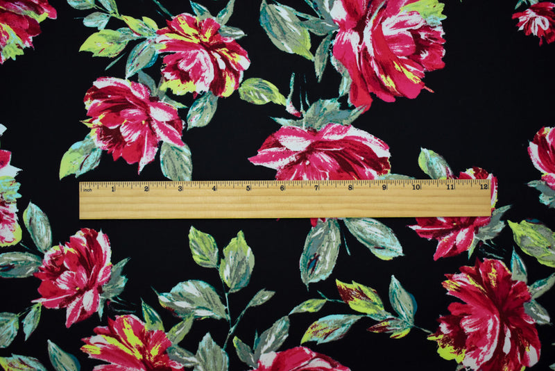 Black-Pink-Multi Cotton Floral Printed Stretch Spandex Poplin Woven Fabric