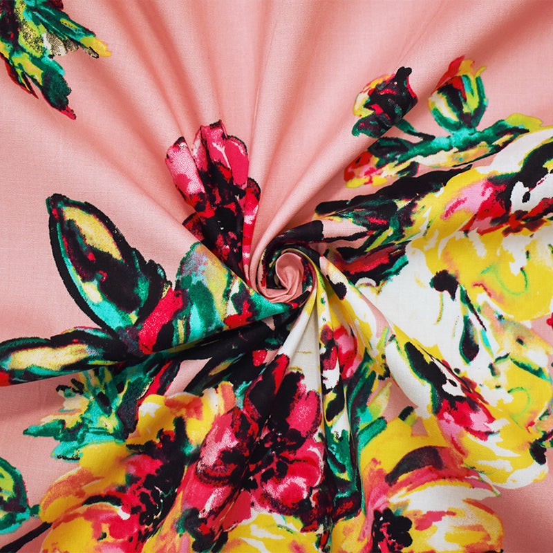 Pink-Green-Multi Cotton Floral Printed Stretch Spandex Poplin Woven Fabric