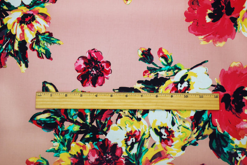 Pink-Green-Multi Cotton Floral Printed Stretch Spandex Poplin Woven Fabric