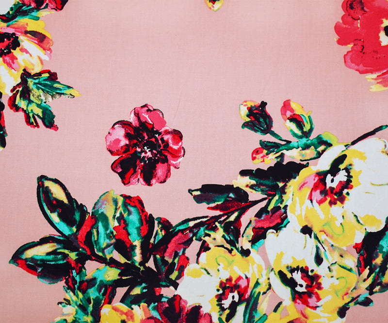 Pink-Green-Multi Cotton Floral Printed Stretch Spandex Poplin Woven Fabric