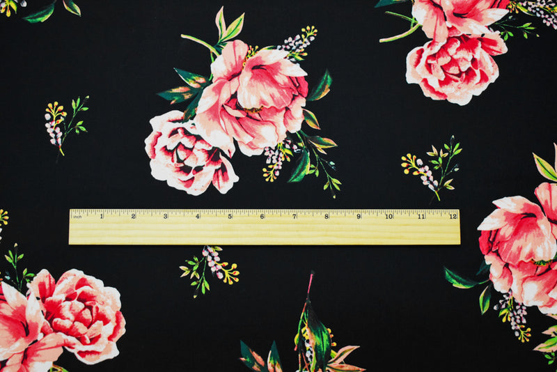 Black-Pink-Multi Cotton Floral Printed Stretch Spandex Poplin Woven Fabric
