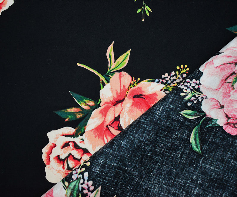 Black-Pink-Multi Cotton Floral Printed Stretch Spandex Poplin Woven Fabric