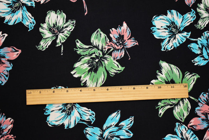 Black-Coral-Multi Cotton Floral Print Stretch Spandex Poplin Woven Fabric