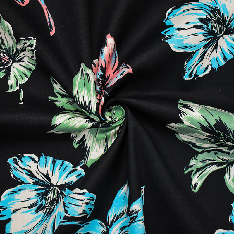 Black-Coral-Multi Cotton Floral Print Stretch Spandex Poplin Woven Fabric