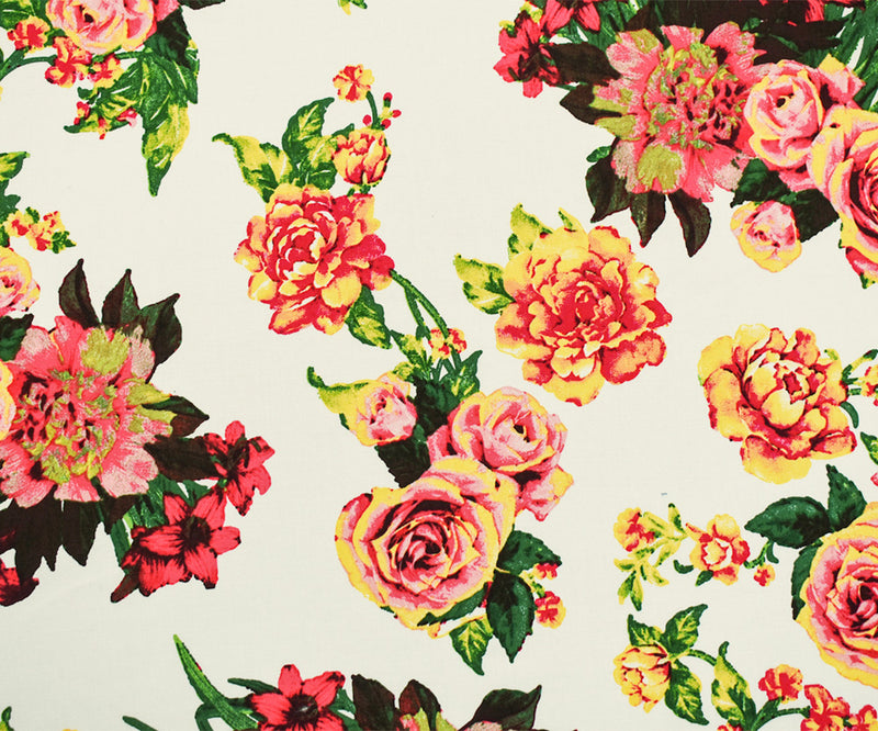 White-Pink-Multi Cotton Floral Print Stretch Spandex Poplin Woven Fabric