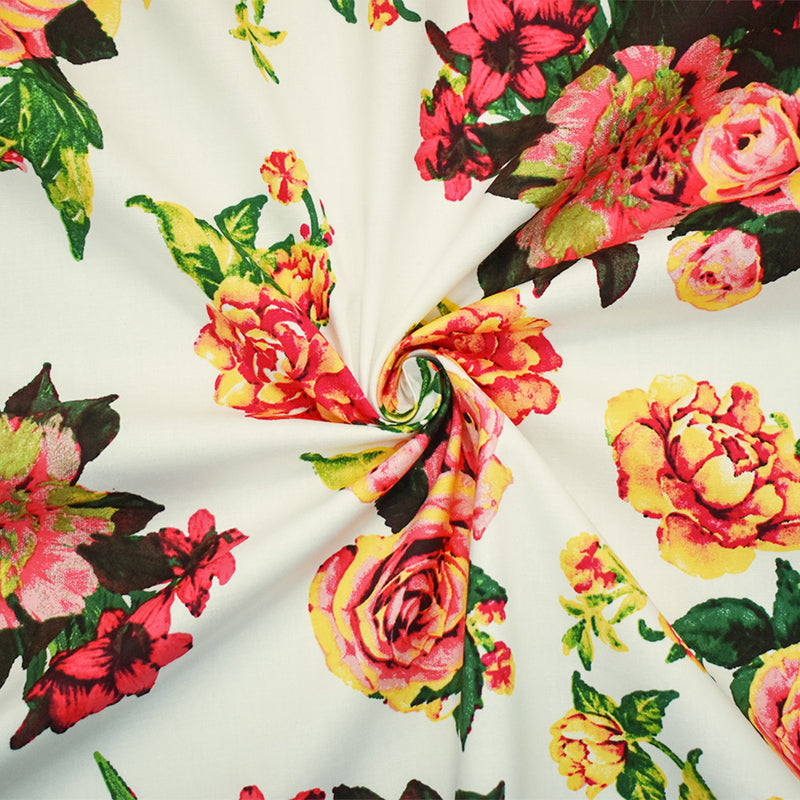 White-Pink-Multi Cotton Floral Print Stretch Spandex Poplin Woven Fabric