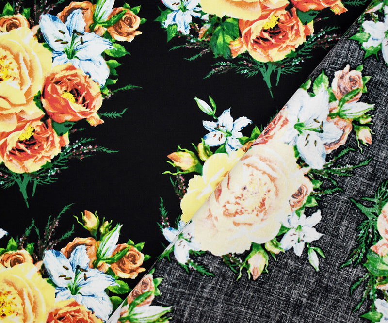 Black-Yellow-Multi Cotton Floral Printed Stretch Spandex Woven Fabric