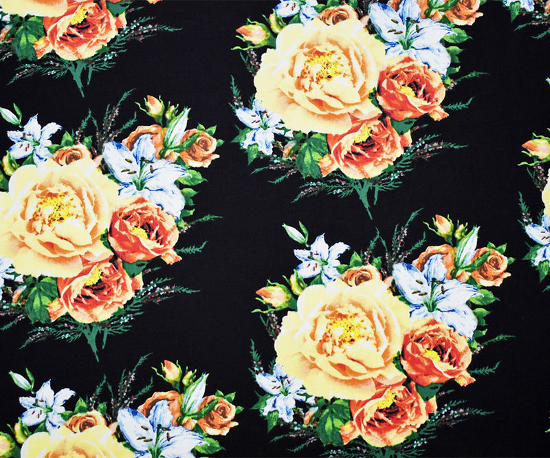 Black-Yellow-Multi Cotton Floral Printed Stretch Spandex Woven Fabric
