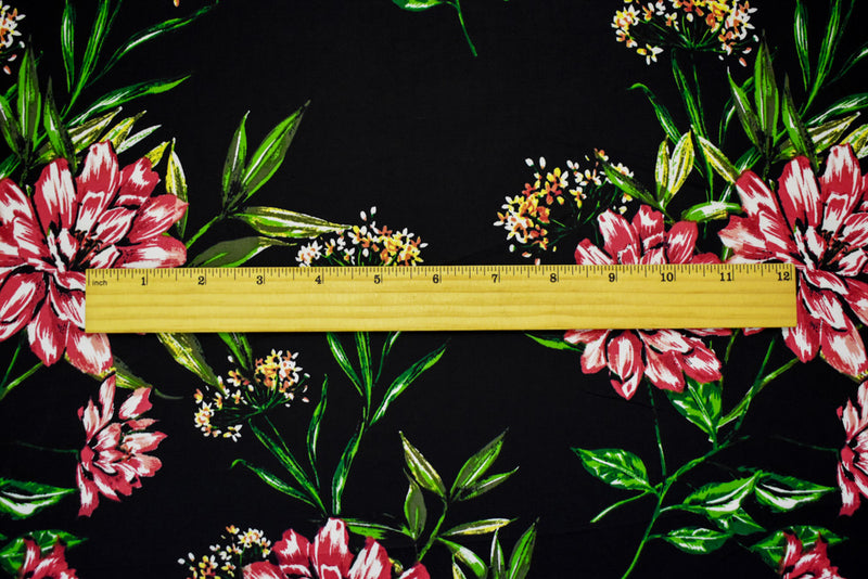 Black-Red-Multi Cotton Floral Printed Stretch Spandex Poplin Woven Fabric