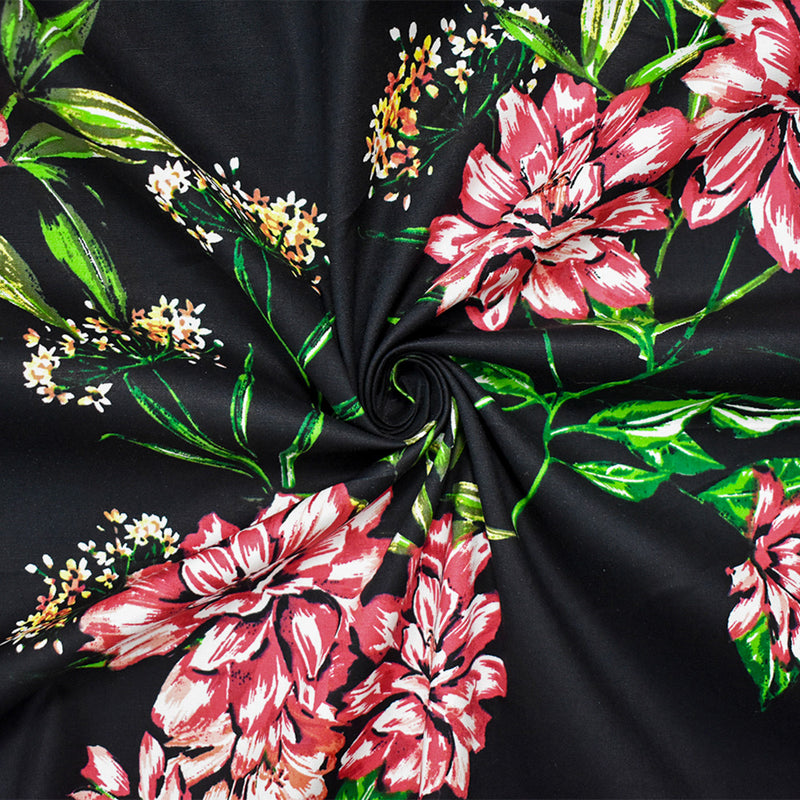 Black-Red-Multi Cotton Floral Printed Stretch Spandex Poplin Woven Fabric