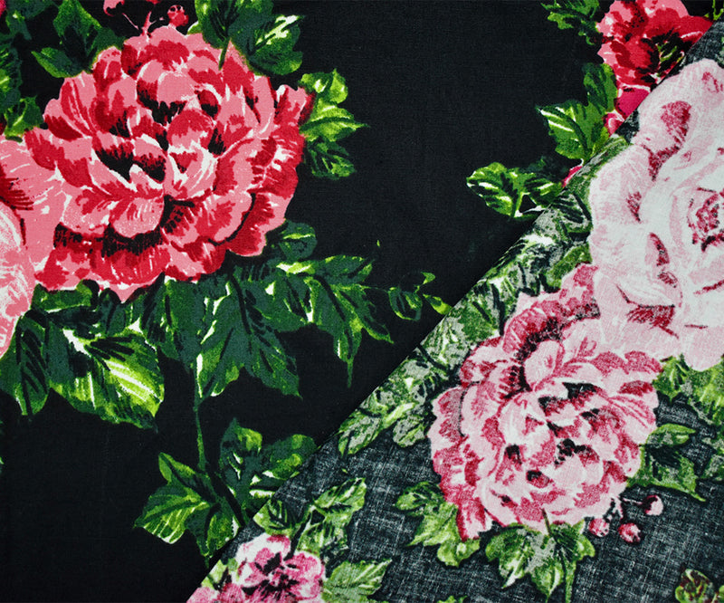 Black-Red-Multi Cotton Floral Printed Stretch Spandex Poplin Woven Fabric