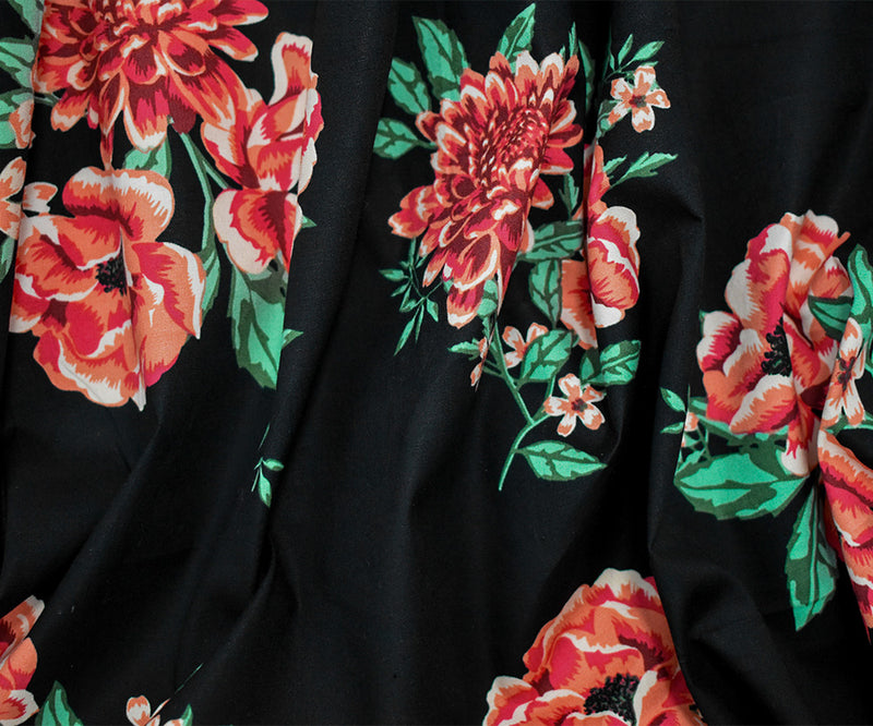 Black-Orange-Multi Cotton Floral Printed Stretch Spandex Poplin Woven Fabric