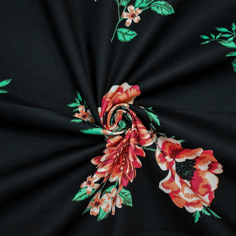 Black-Orange-Multi Cotton Floral Printed Stretch Spandex Poplin Woven Fabric