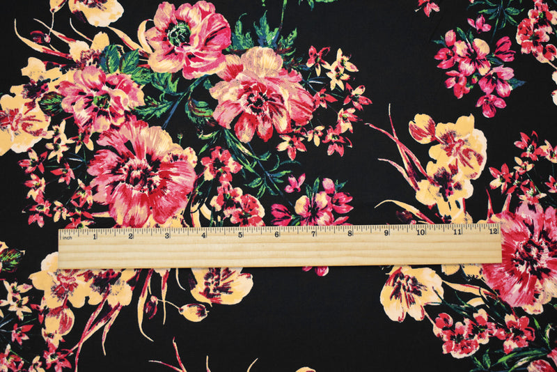 Black-Red-Multi Cotton Floral Print Stretch Spandex Poplin Woven Fabric